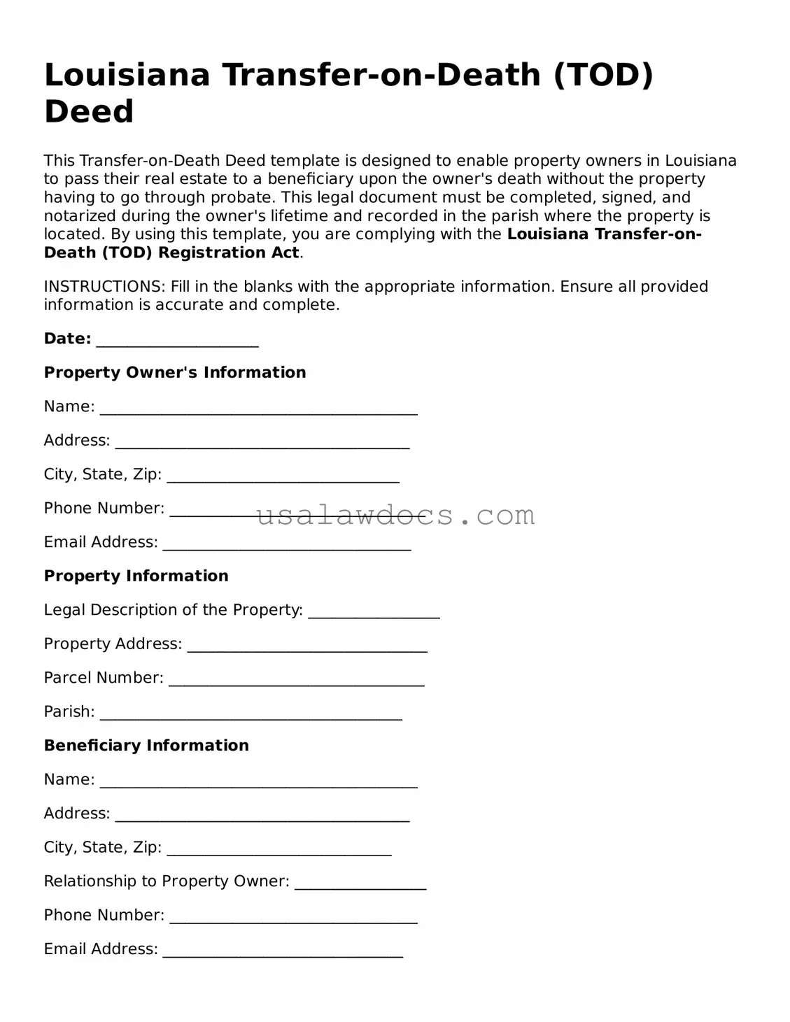 Attorney-Approved  Transfer-on-Death Deed Form for Louisiana