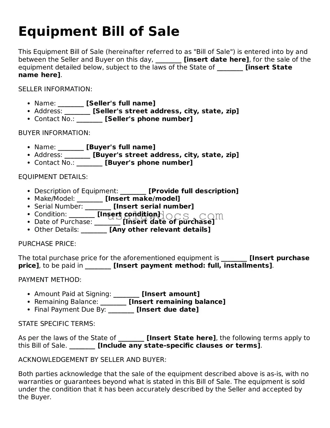 Free Equipment Bill of Sale Form