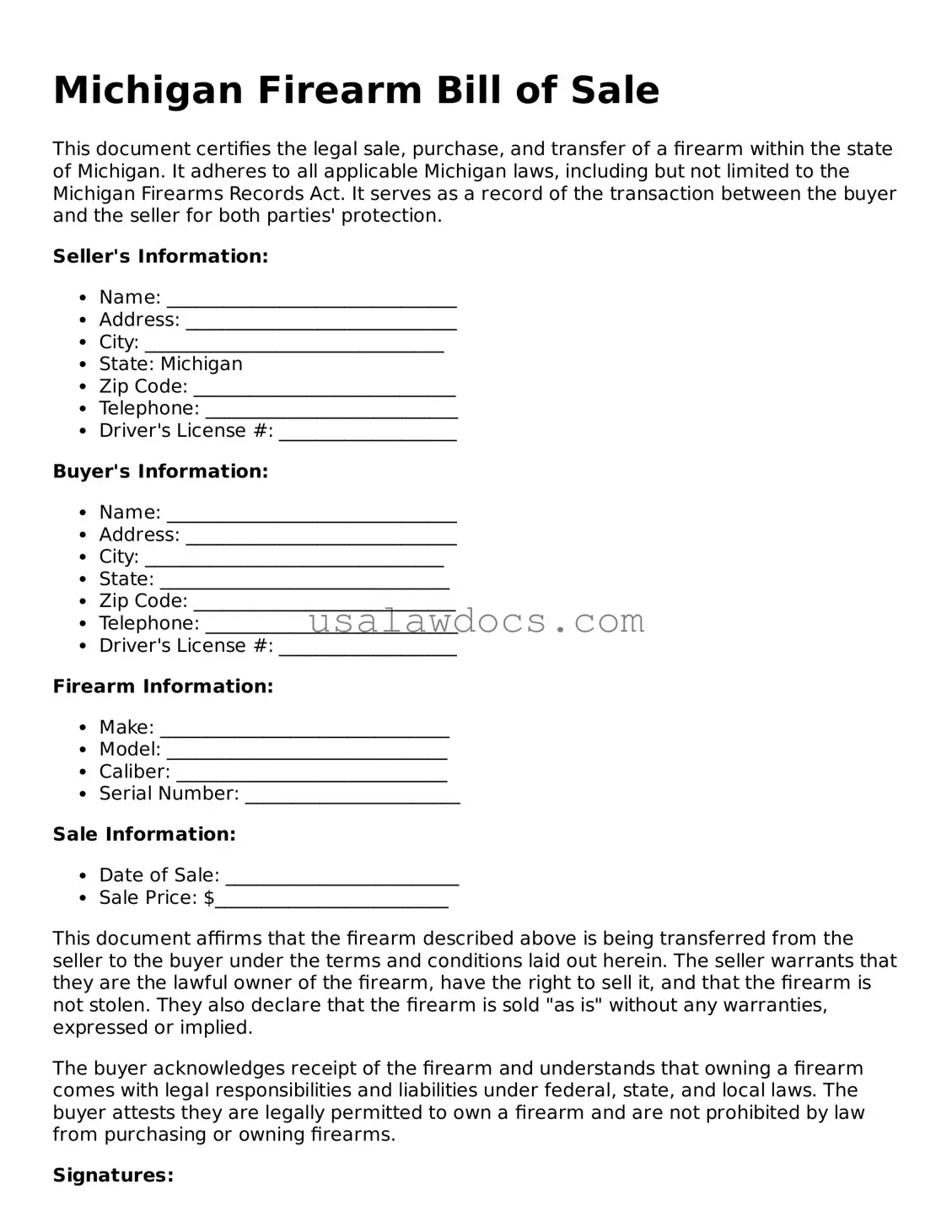 Attorney-Approved  Firearm Bill of Sale Form for Michigan