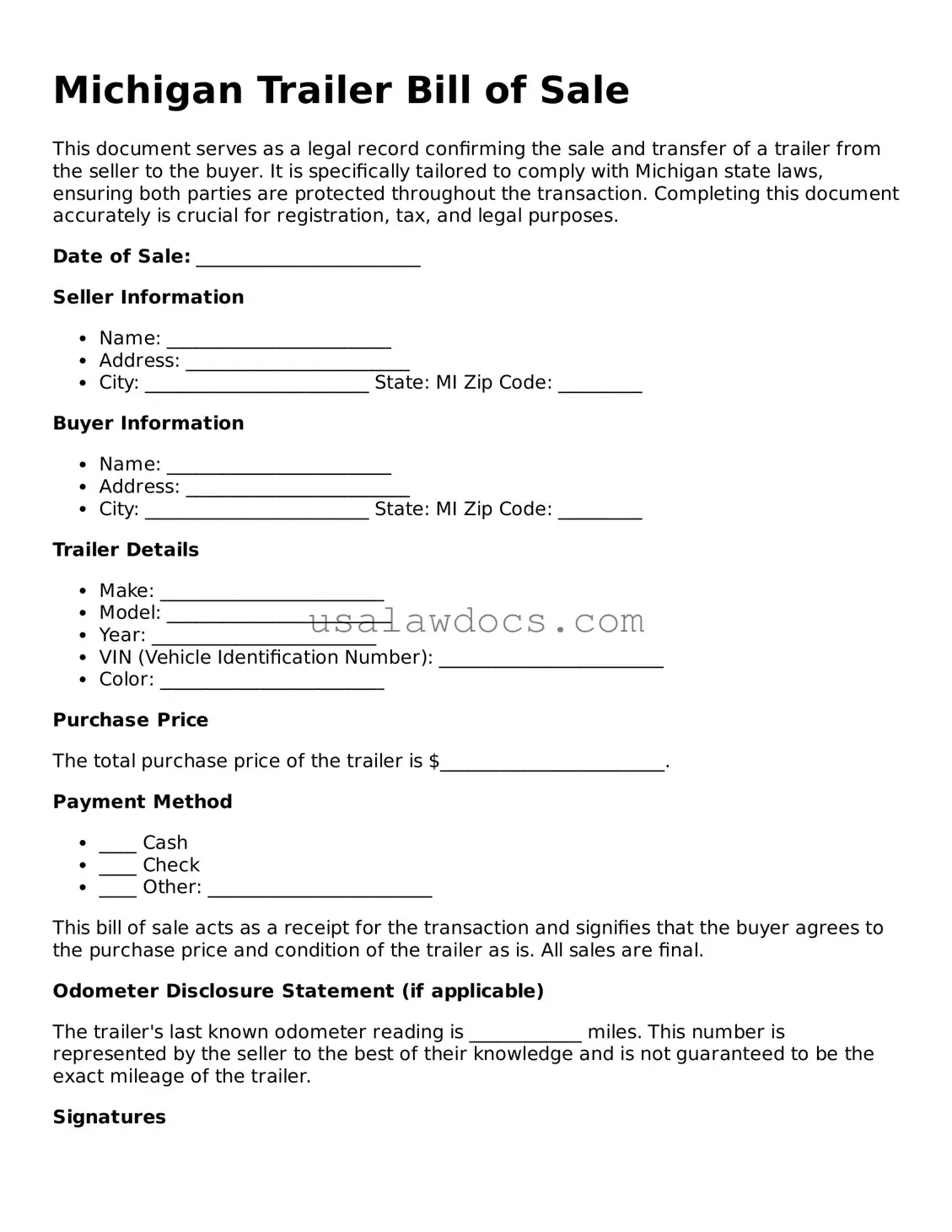Attorney-Approved  Trailer Bill of Sale Form for Michigan