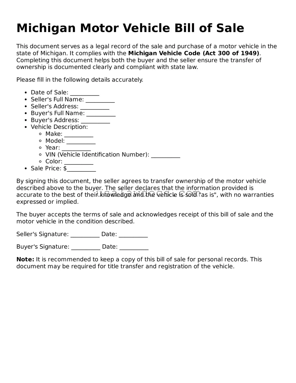 Attorney-Approved  Motor Vehicle Bill of Sale Form for Michigan