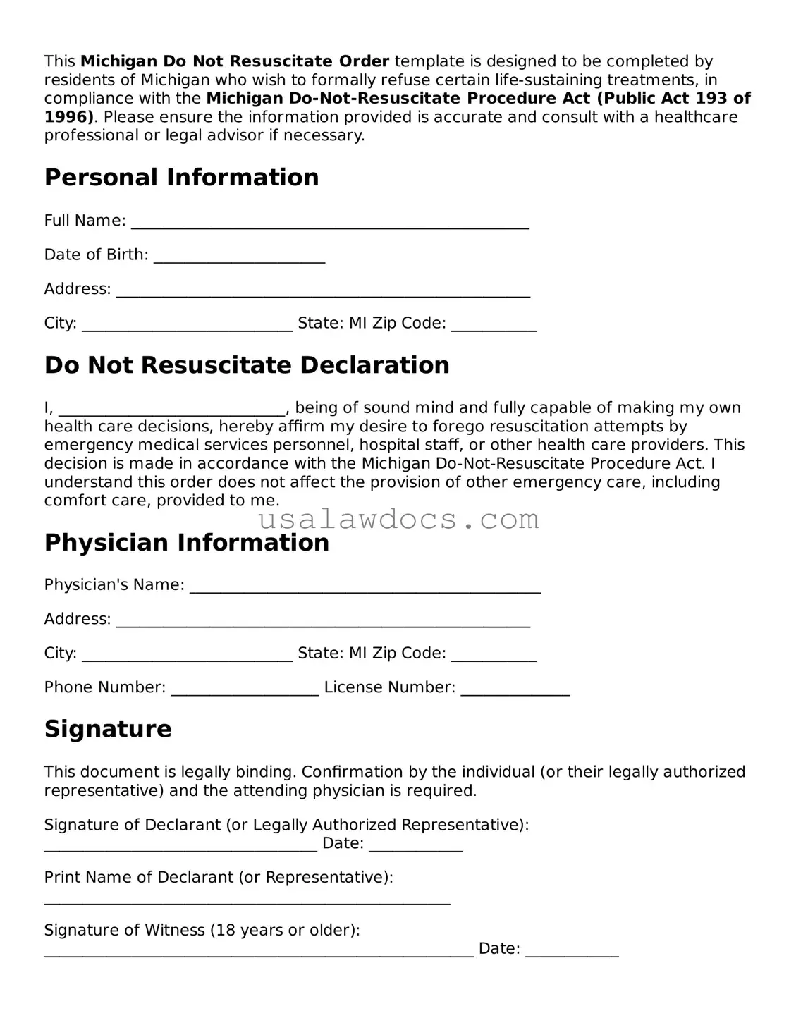 Attorney-Approved  Do Not Resuscitate Order Form for Michigan