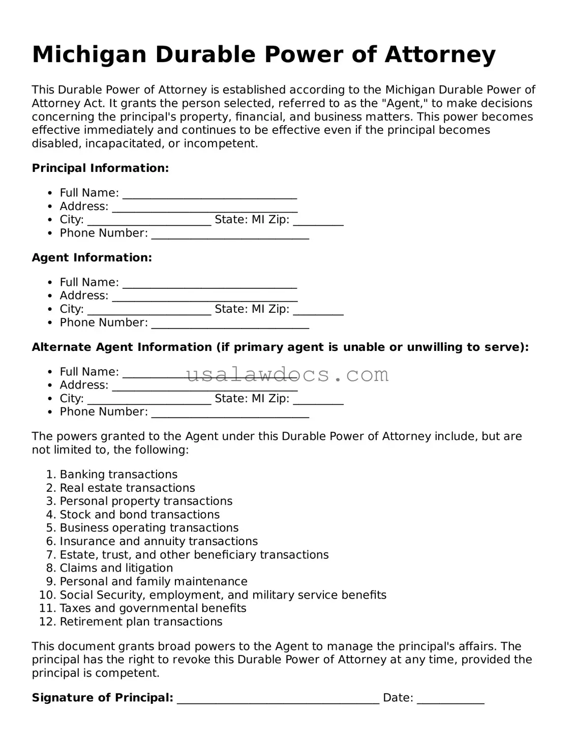 Attorney-Approved  Durable Power of Attorney Form for Michigan