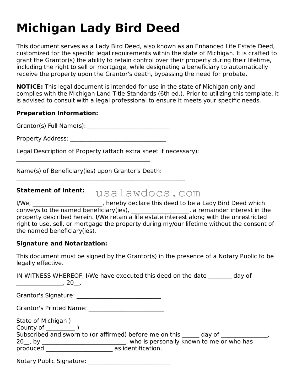 Attorney-Approved  Lady Bird Deed Form for Michigan