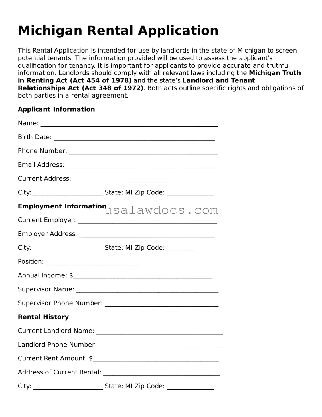 Attorney-Approved  Rental Application Form for Michigan