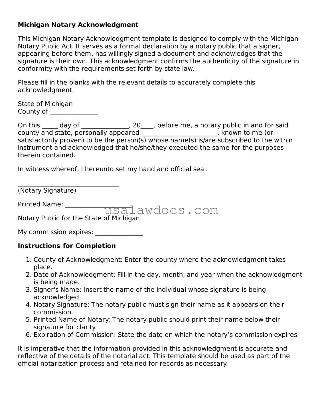 Attorney-Approved  Notary Acknowledgement Form for Michigan
