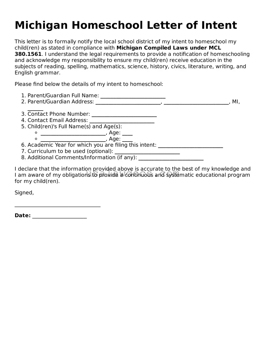 Attorney-Approved  Homeschool Letter of Intent Form for Michigan