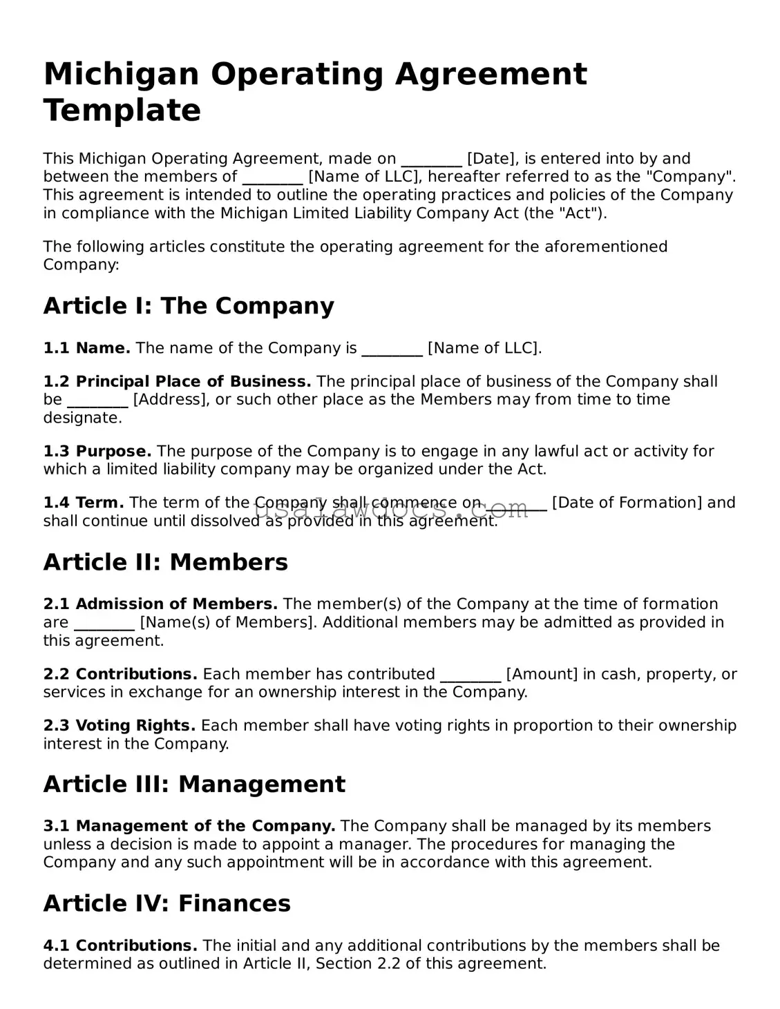 Attorney-Approved  Operating Agreement Form for Michigan