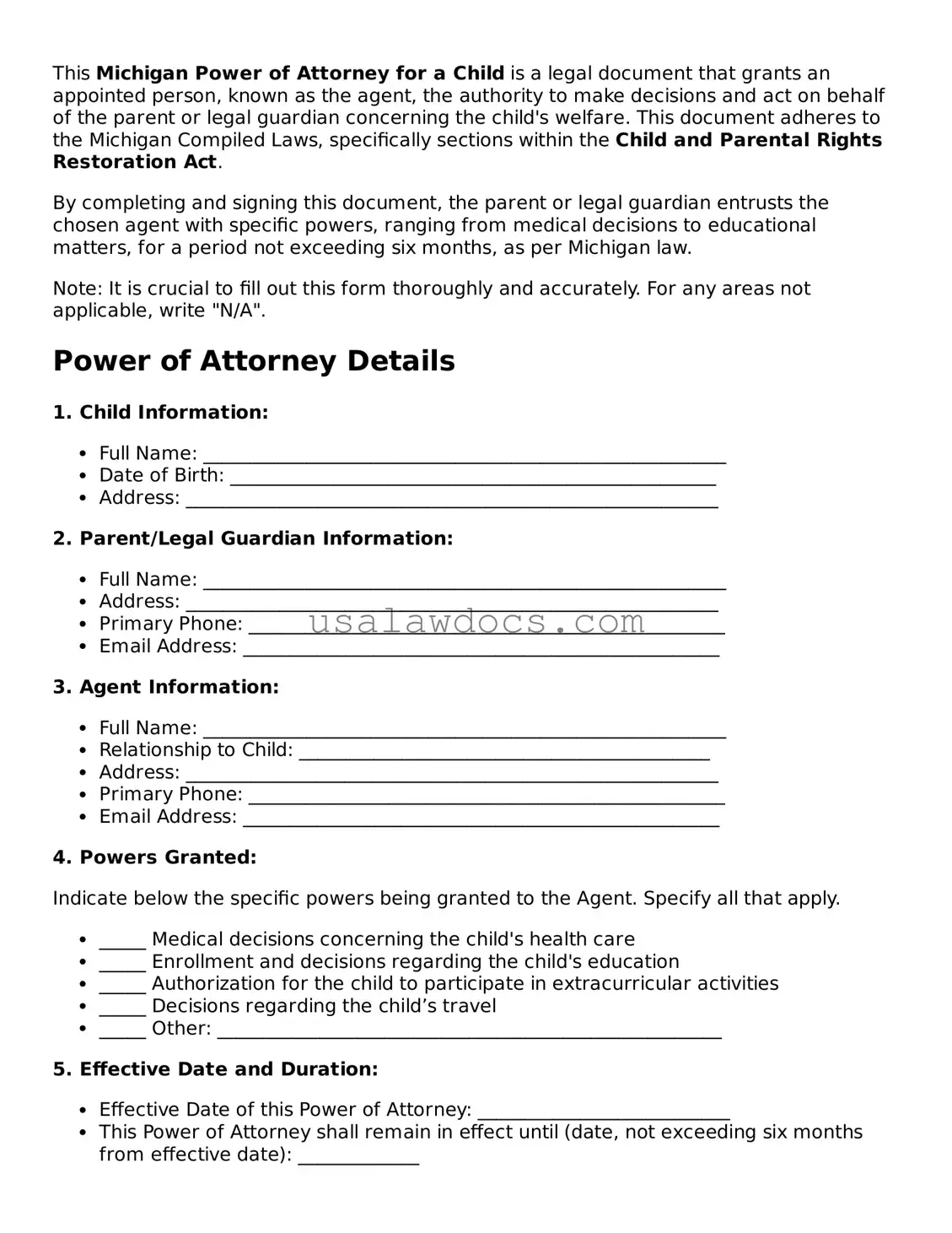 Attorney-Approved  Power of Attorney for a Child Form for Michigan