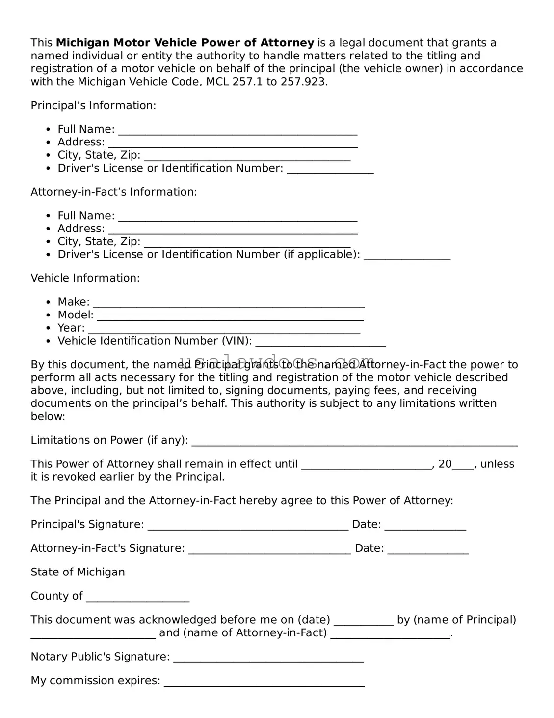 Attorney-Approved  Motor Vehicle Power of Attorney Form for Michigan