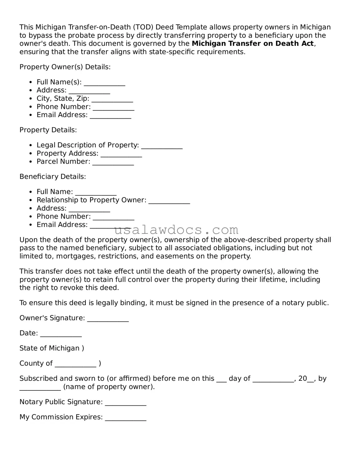 Attorney-Approved  Transfer-on-Death Deed Form for Michigan