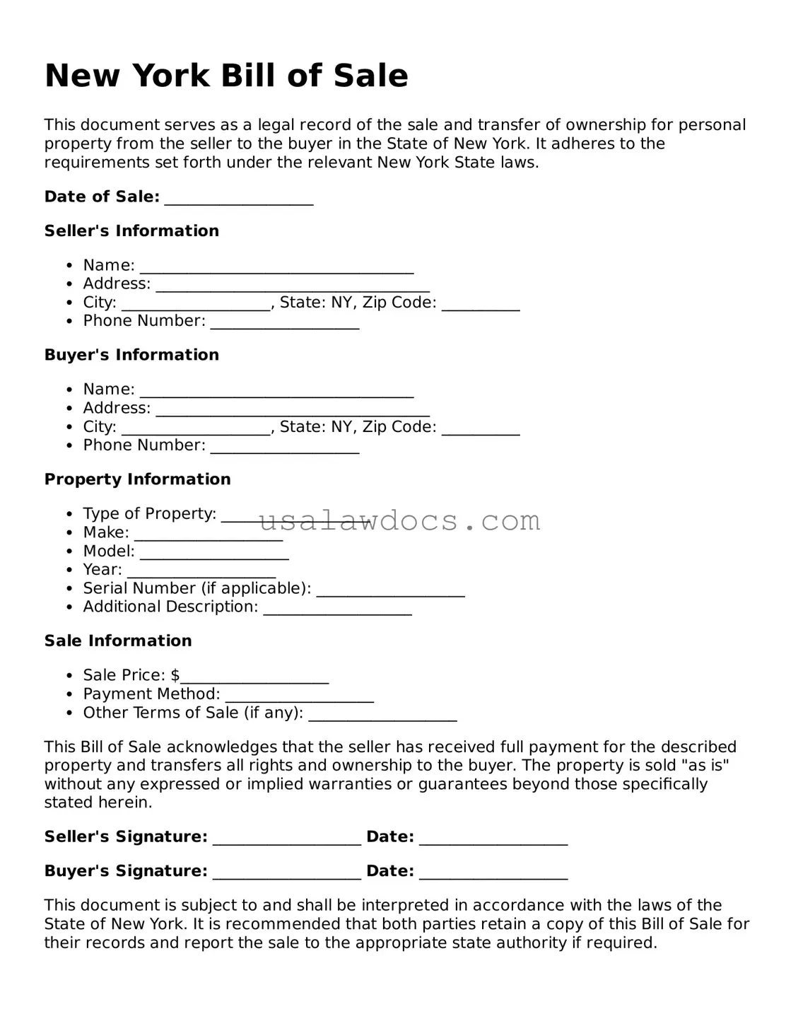 Attorney-Approved  Bill of Sale Form for New York
