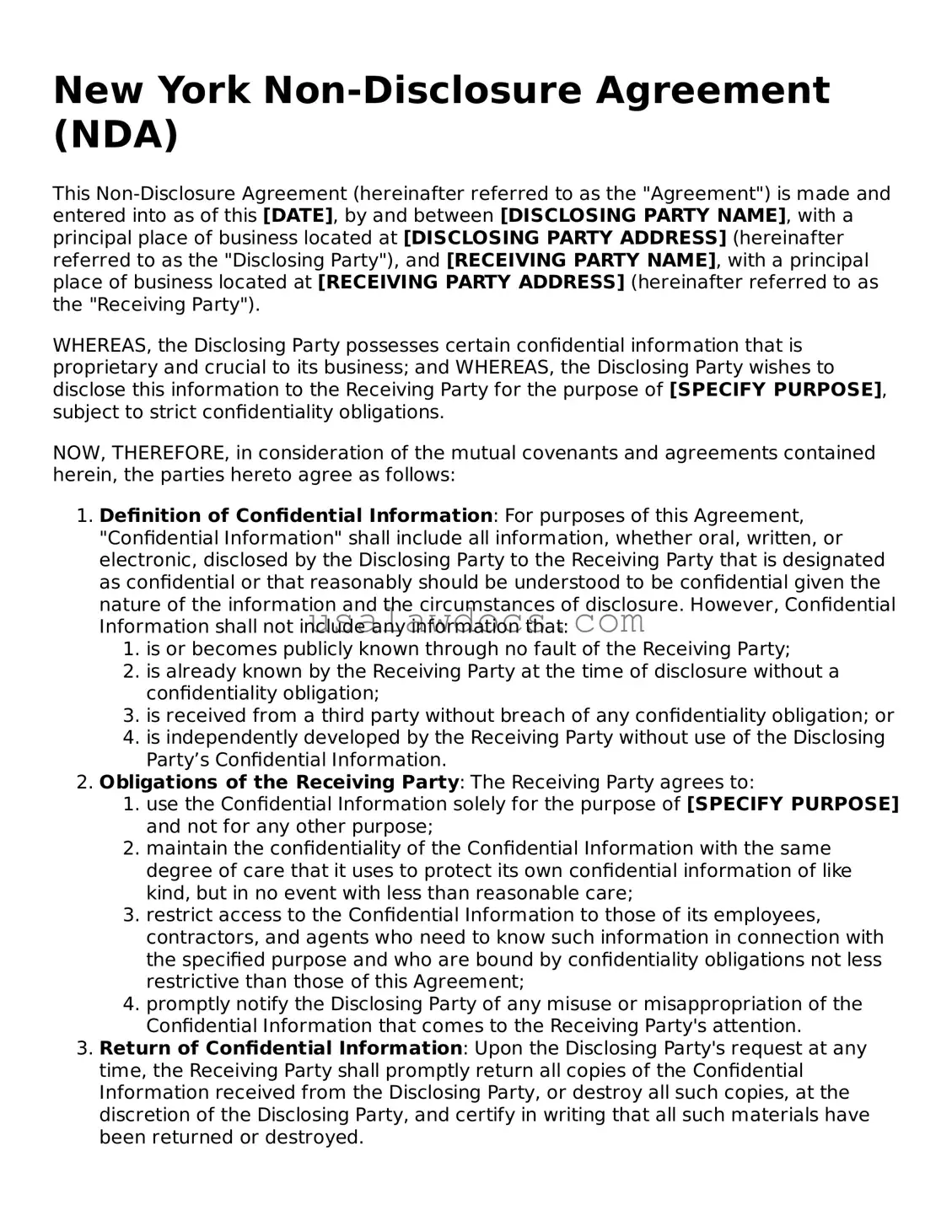 Attorney-Approved  Non-disclosure Agreement Form for New York