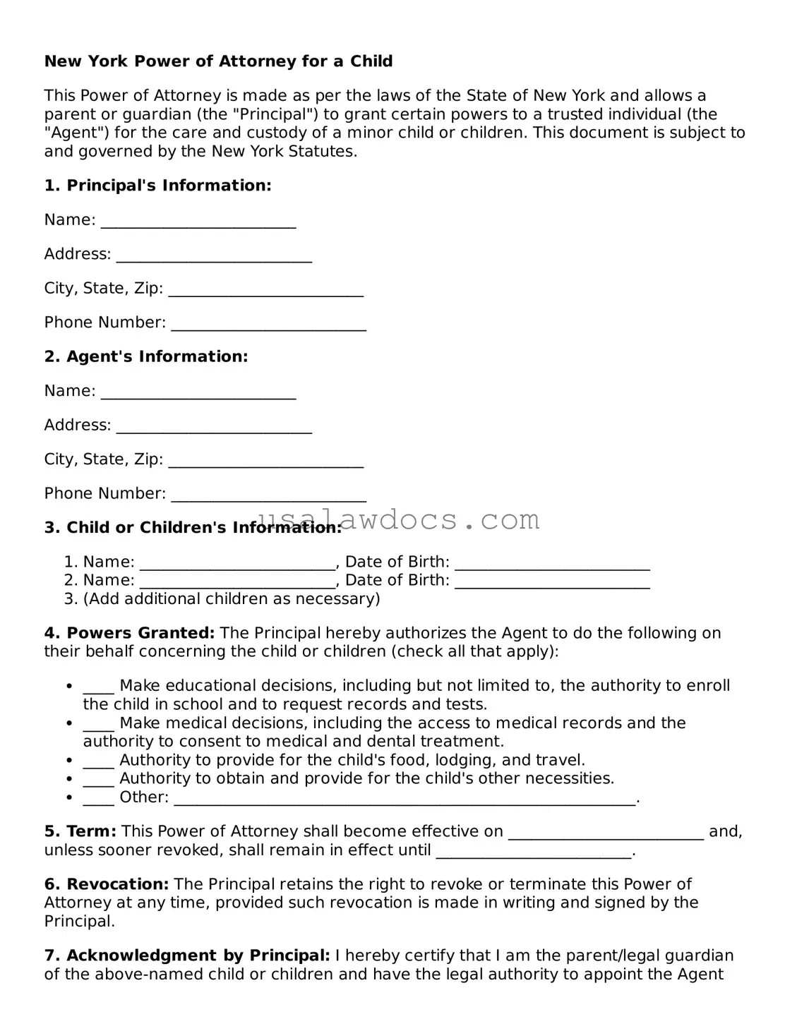 Attorney-Approved  Power of Attorney for a Child Form for New York