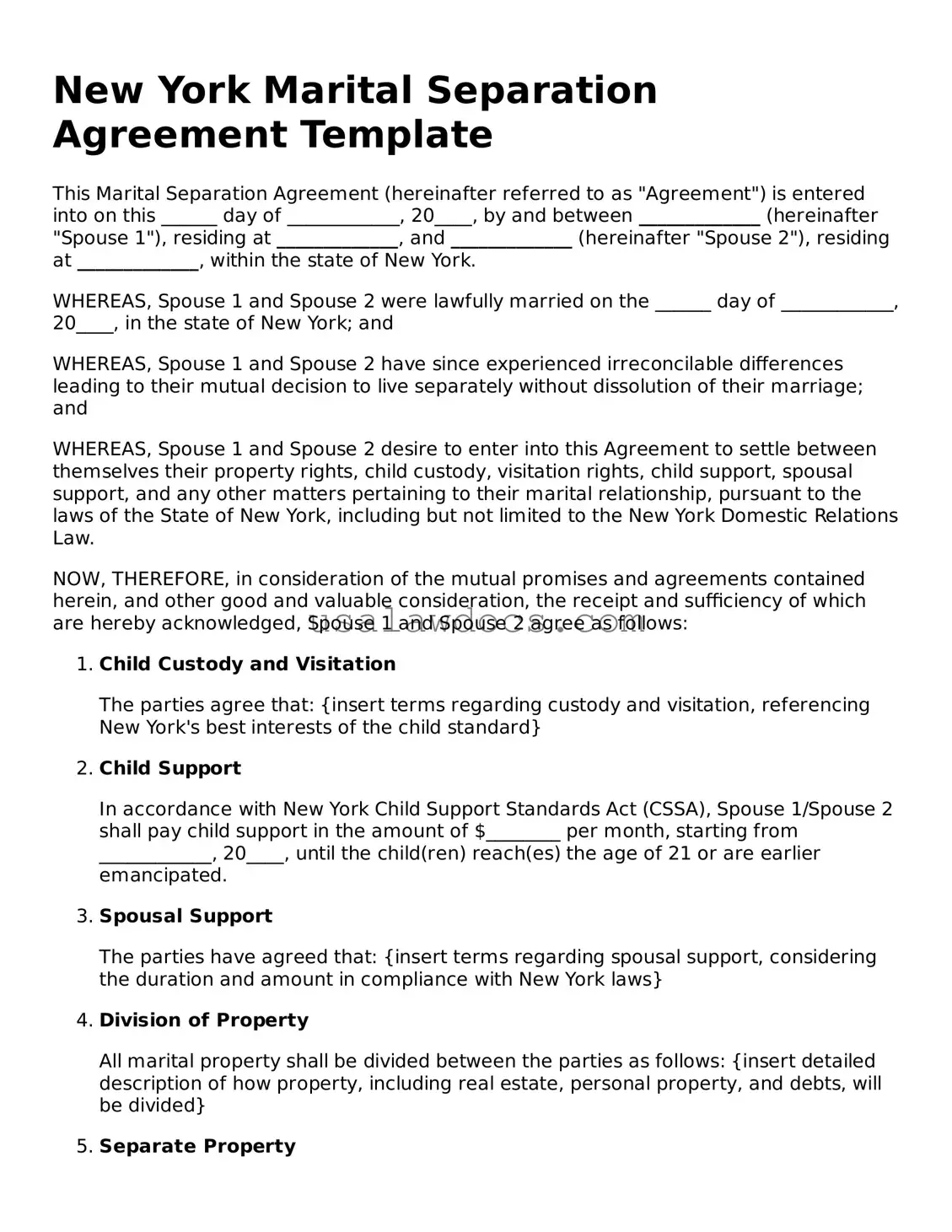 Attorney-Approved  Marital Separation Agreement Form for New York