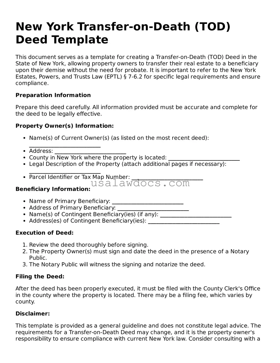 Attorney-Approved  Transfer-on-Death Deed Form for New York