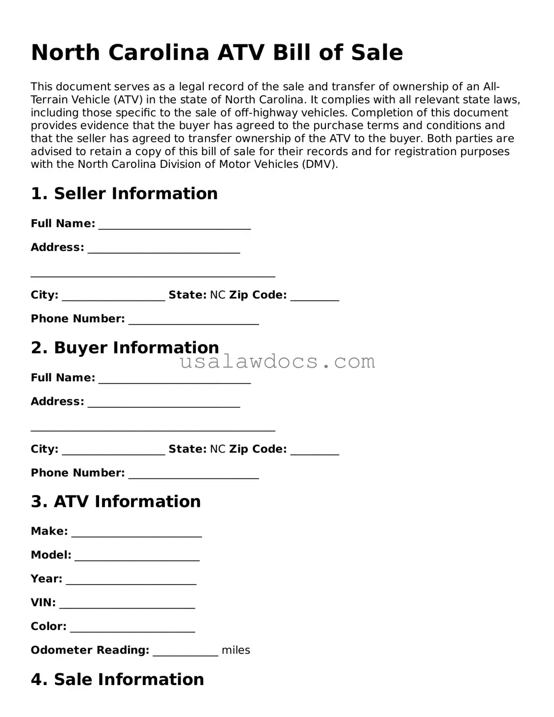 Attorney-Approved  ATV Bill of Sale Form for North Carolina