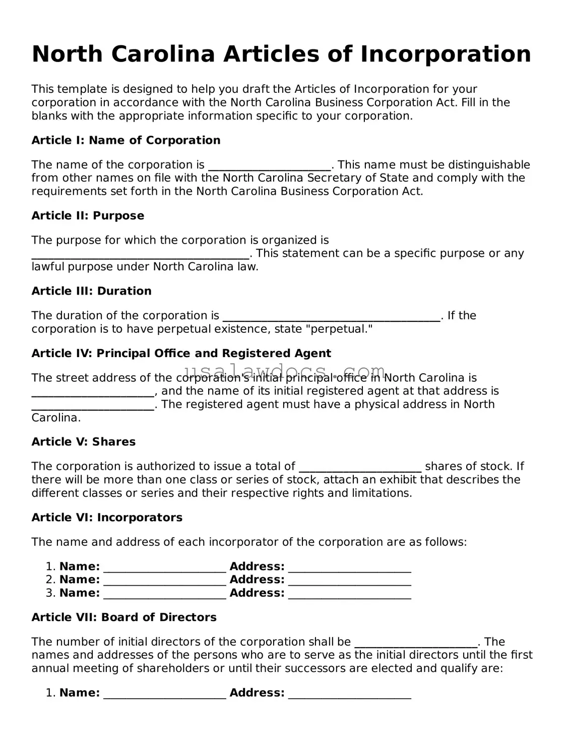 Attorney-Approved  Articles of Incorporation Form for North Carolina