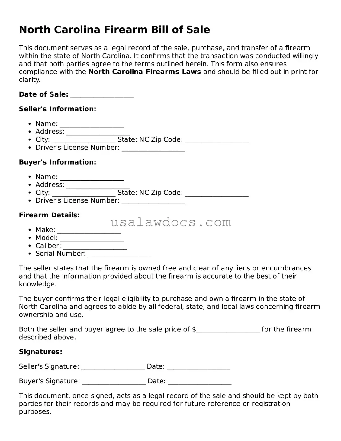 Attorney-Approved  Firearm Bill of Sale Form for North Carolina