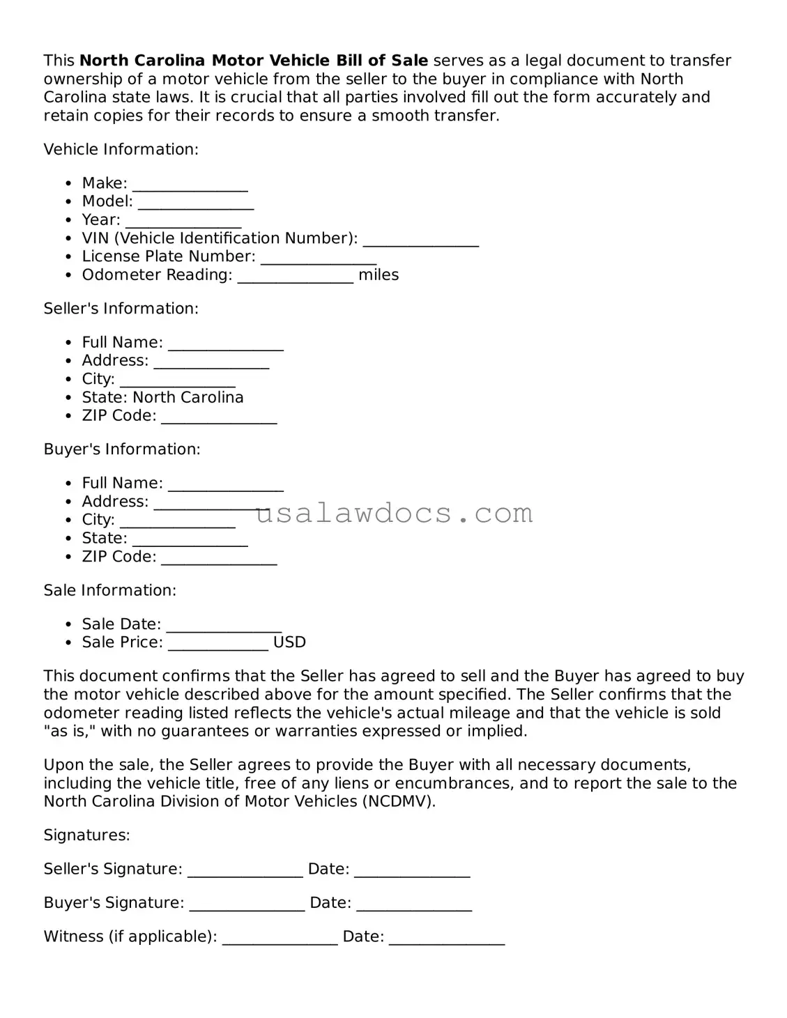 Attorney-Approved  Motor Vehicle Bill of Sale Form for North Carolina