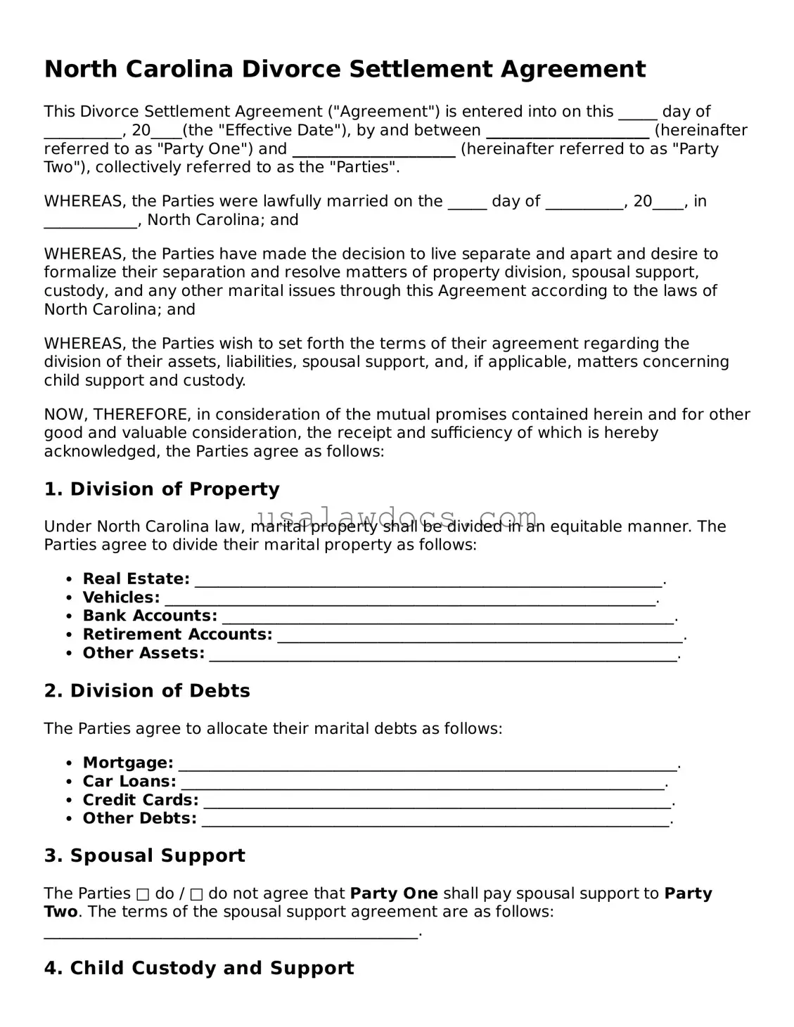 Attorney-Approved  Divorce Settlement Agreement Form for North Carolina