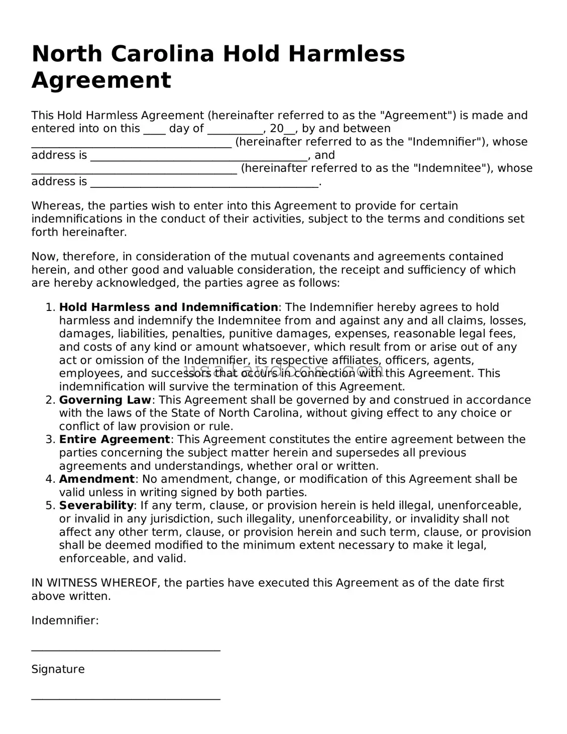 Attorney-Approved  Hold Harmless Agreement Form for North Carolina
