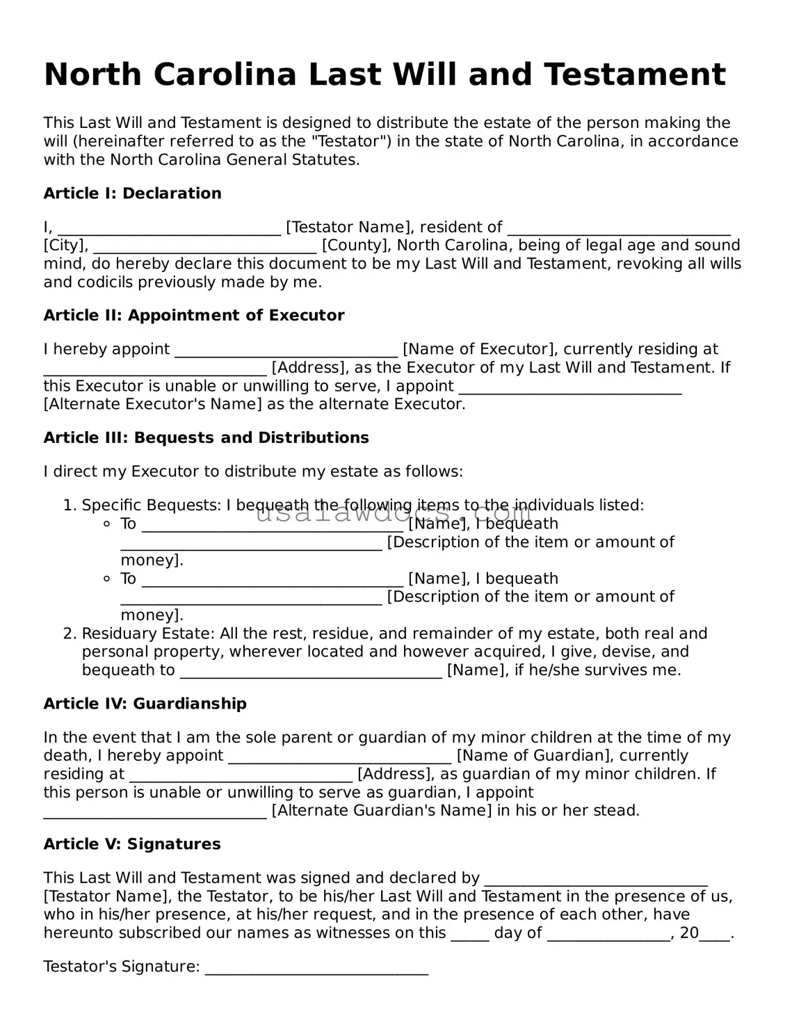 Attorney-Approved  Last Will and Testament Form for North Carolina