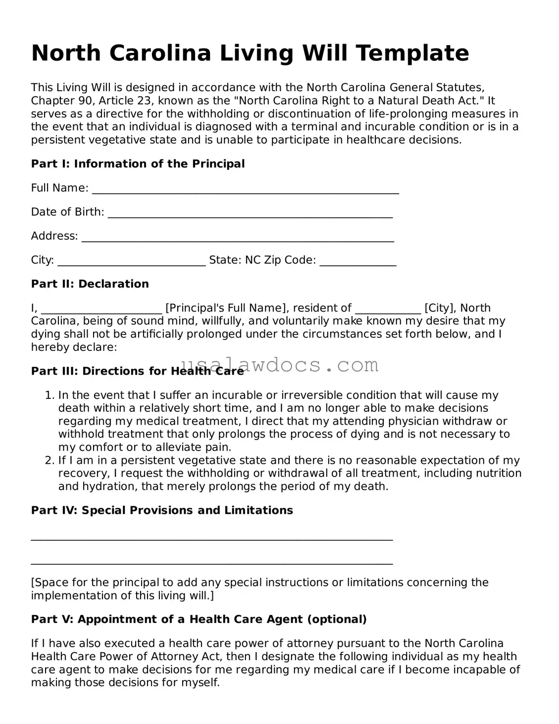 Attorney-Approved  Living Will Form for North Carolina