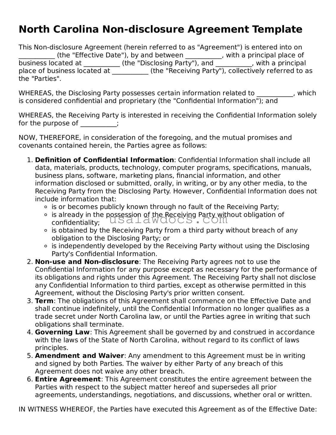 Attorney-Approved  Non-disclosure Agreement Form for North Carolina