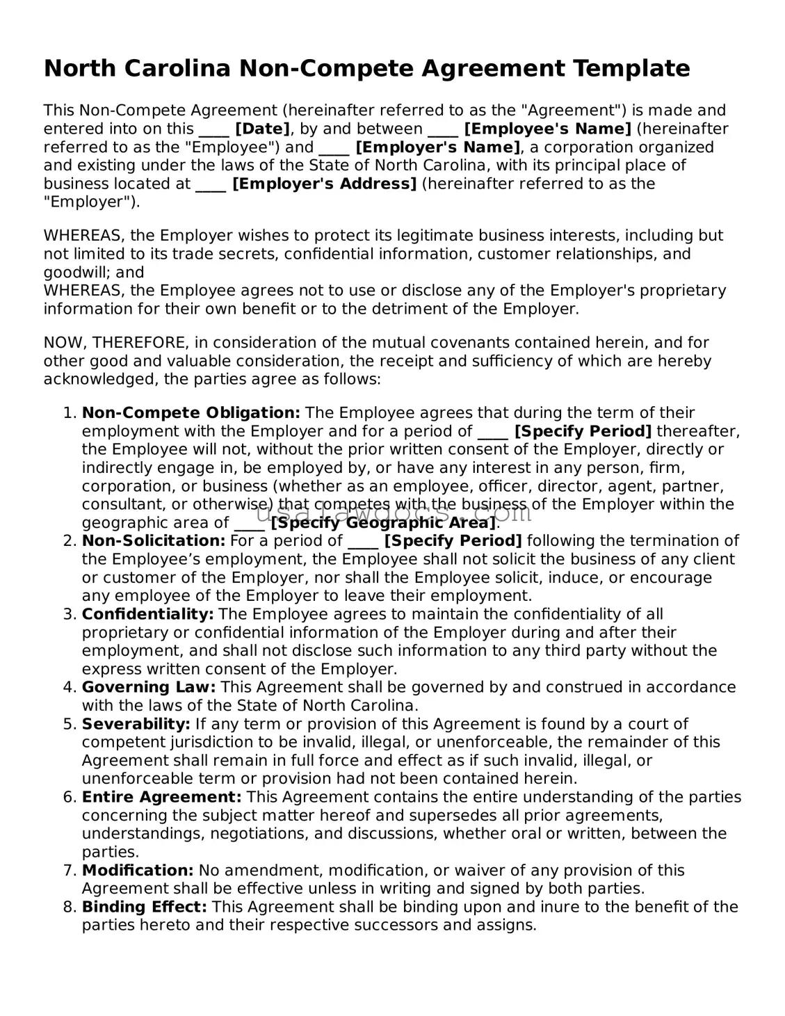 Attorney-Approved  Non-compete Agreement Form for North Carolina
