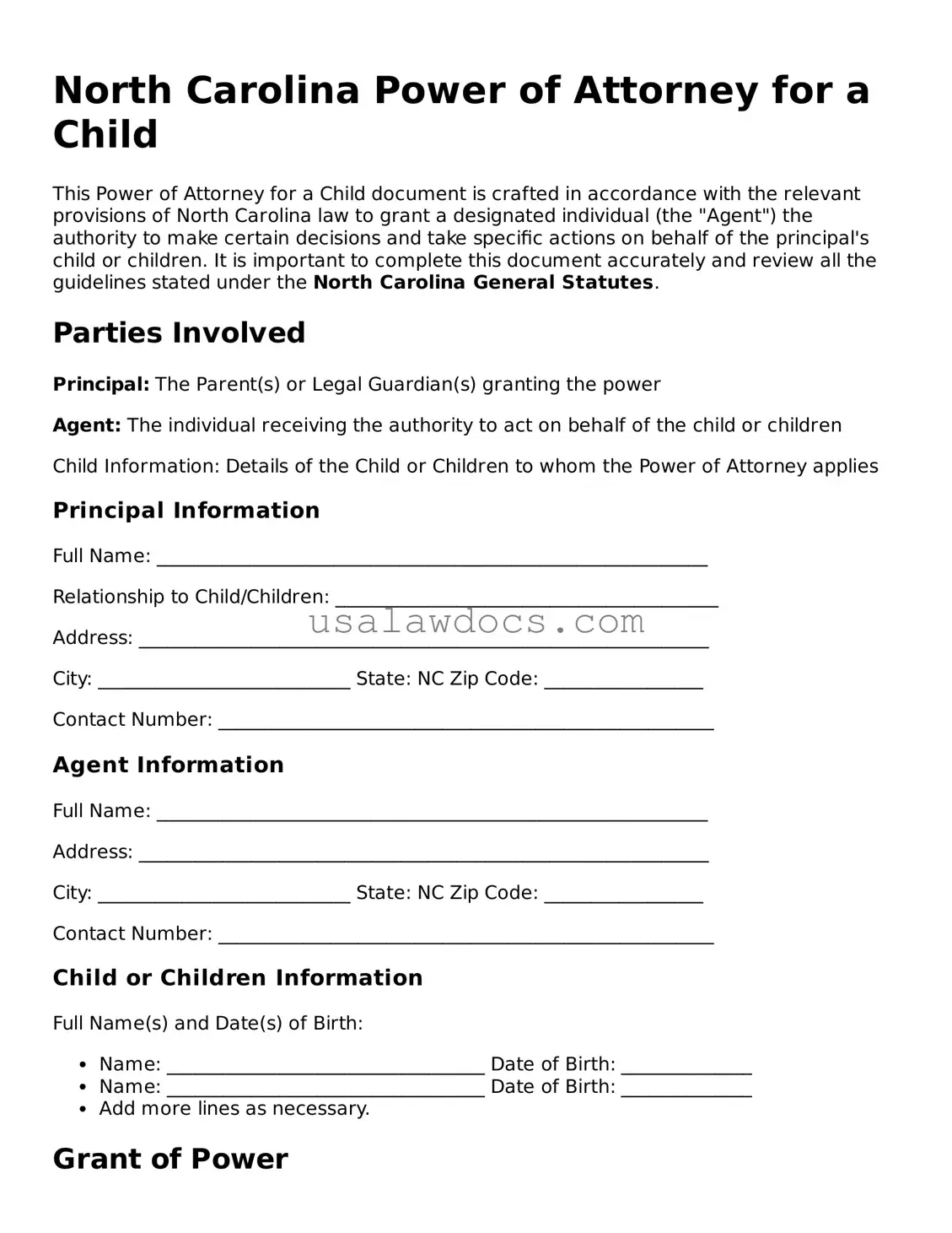 Attorney-Approved  Power of Attorney for a Child Form for North Carolina