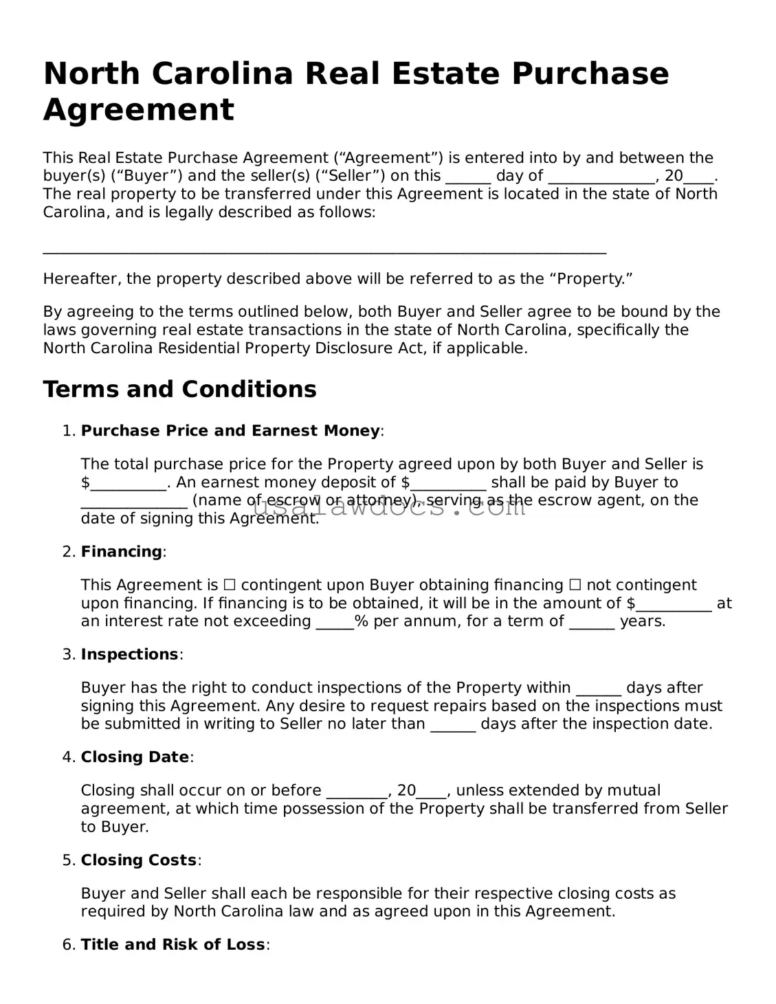 Attorney-Approved  Real Estate Purchase Agreement Form for North Carolina