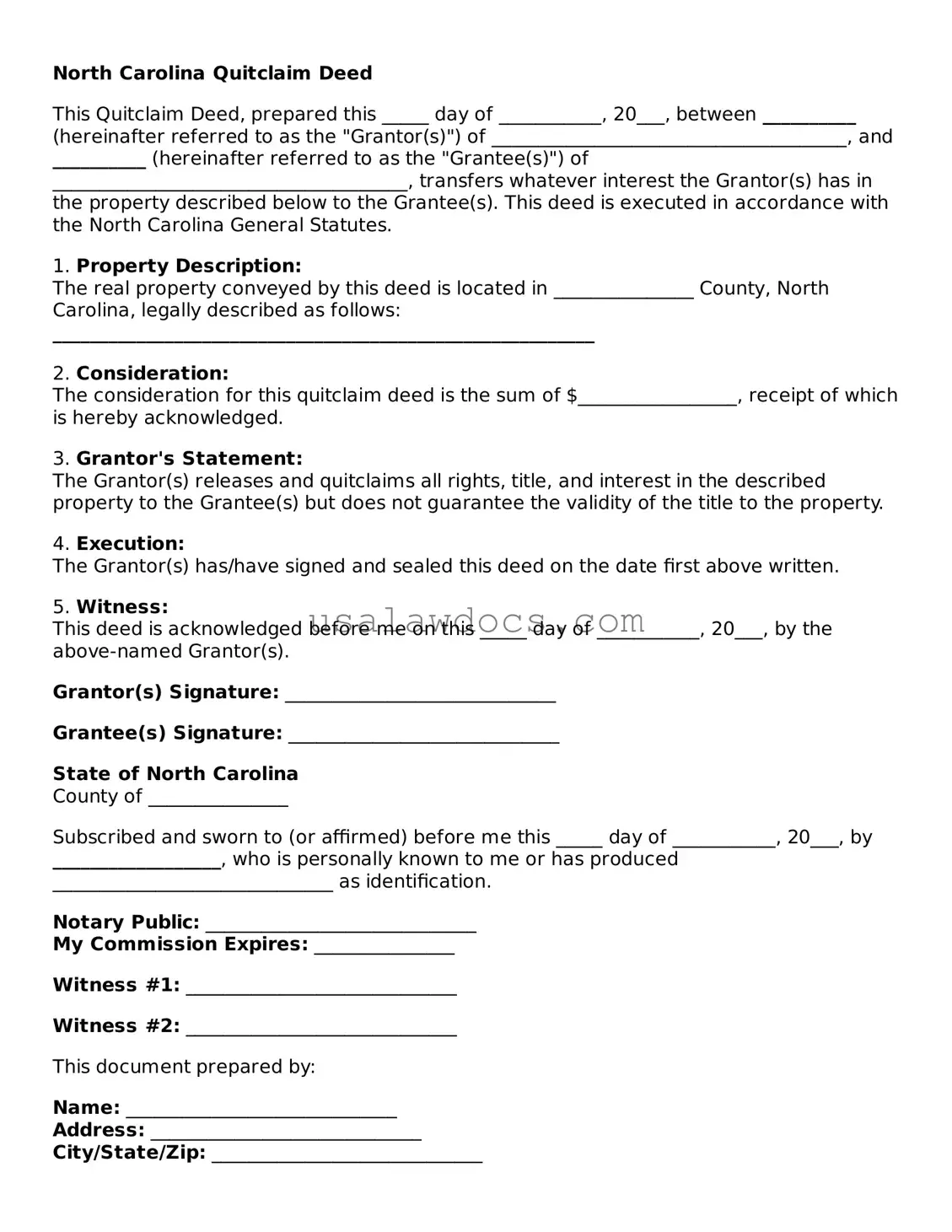 Attorney-Approved  Quitclaim Deed Form for North Carolina