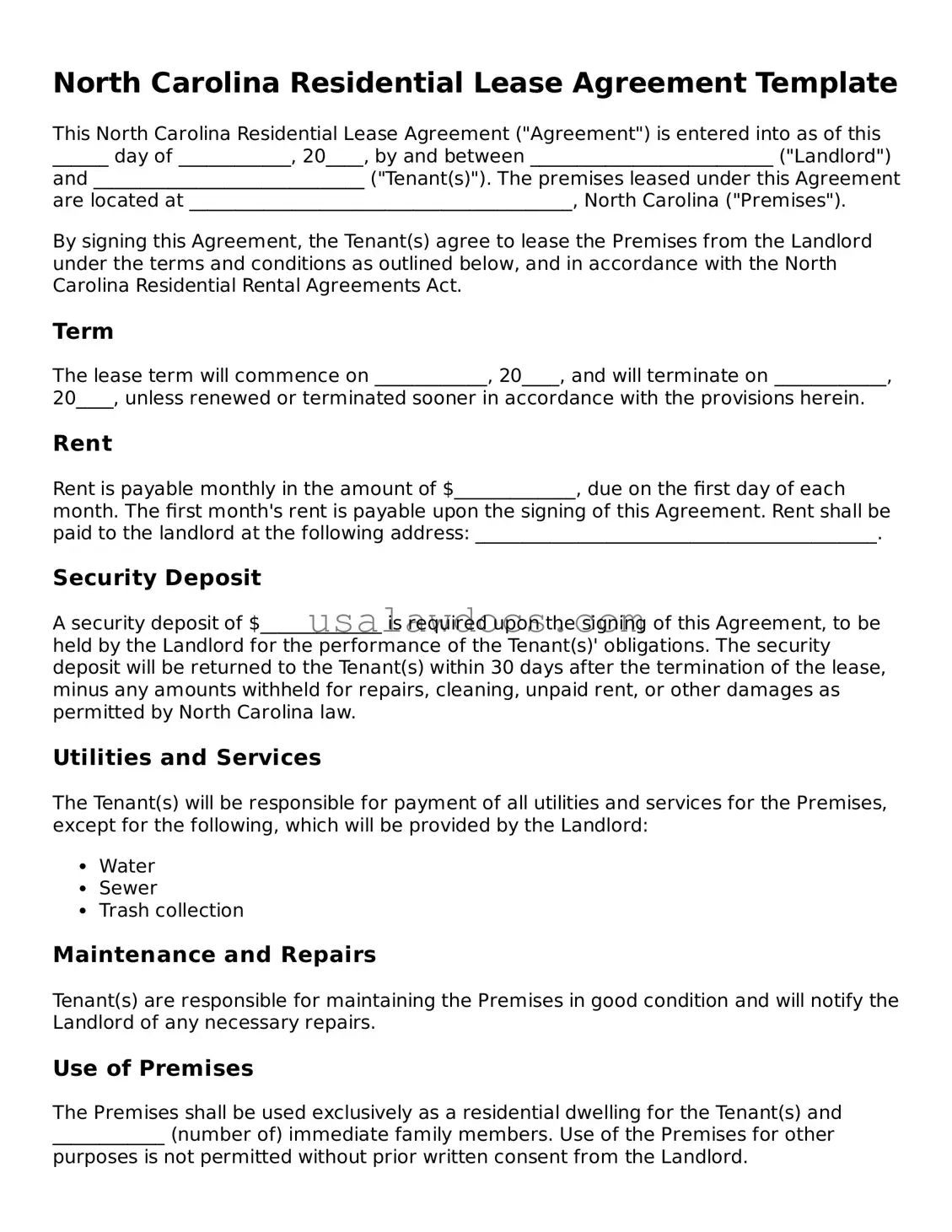 Attorney-Approved  Residential Lease Agreement Form for North Carolina