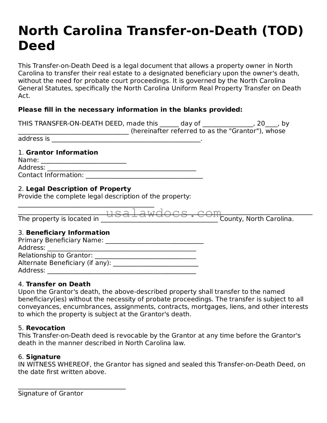 Attorney-Approved  Transfer-on-Death Deed Form for North Carolina