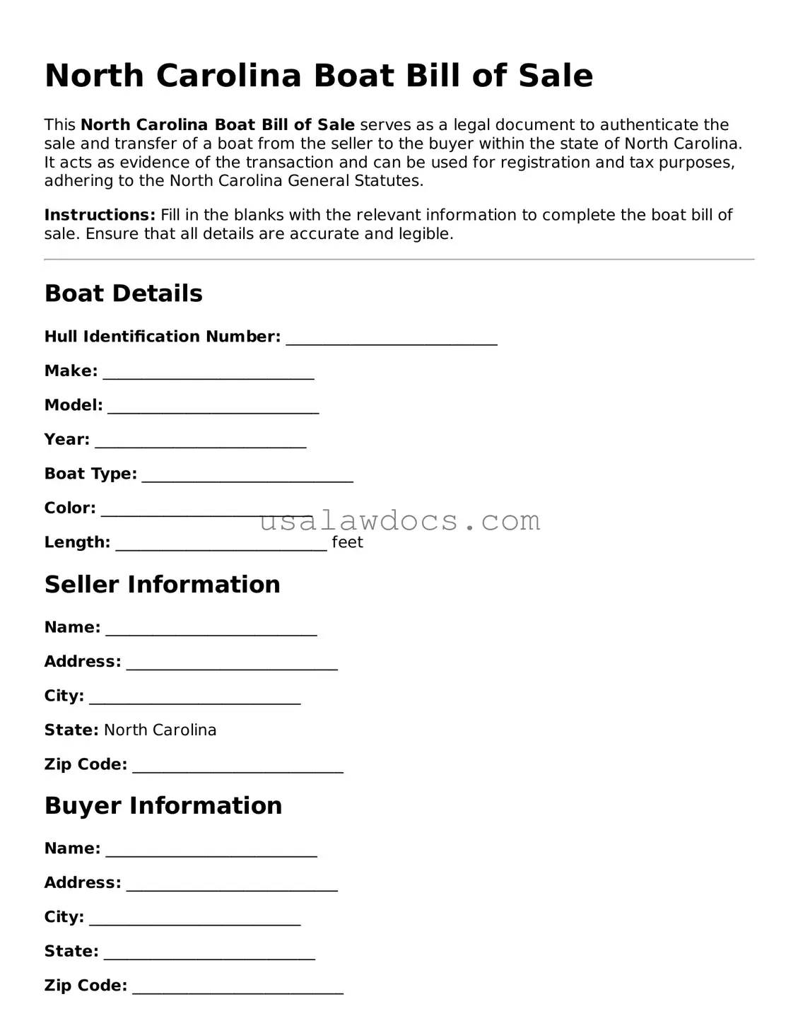 Attorney-Approved  Boat Bill of Sale Form for North Carolina