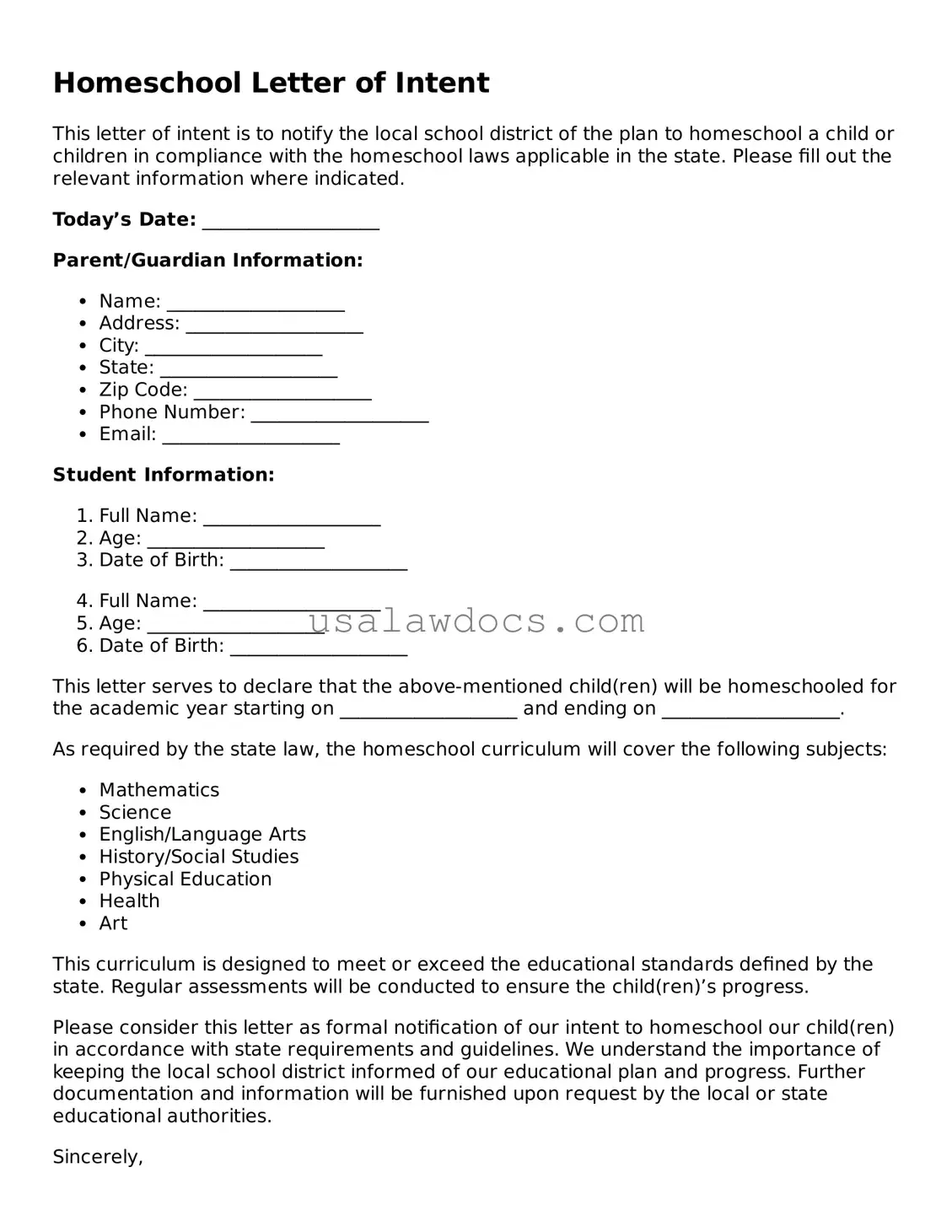 Free Homeschool Letter of Intent Form