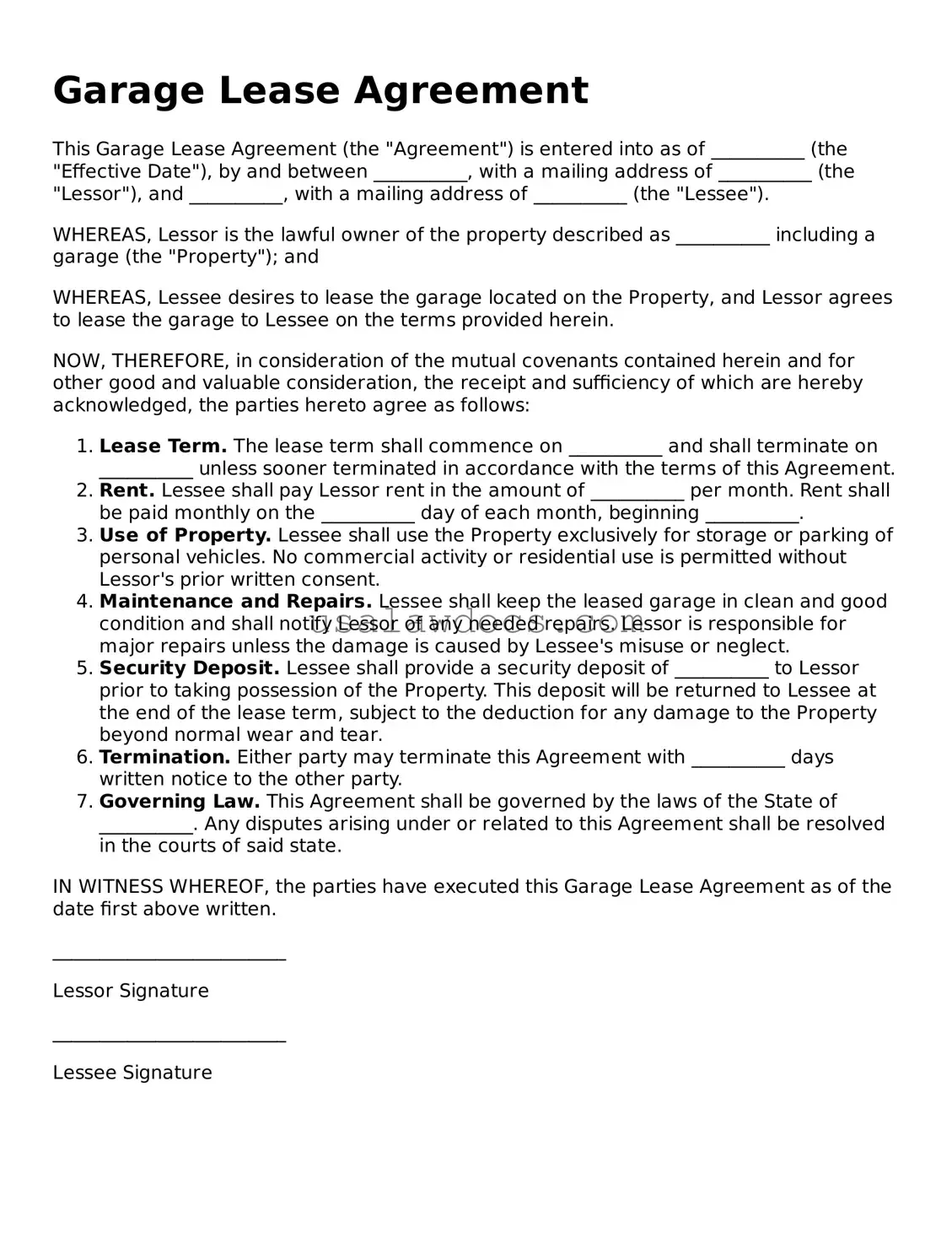 Free Garage Lease Agreement Form
