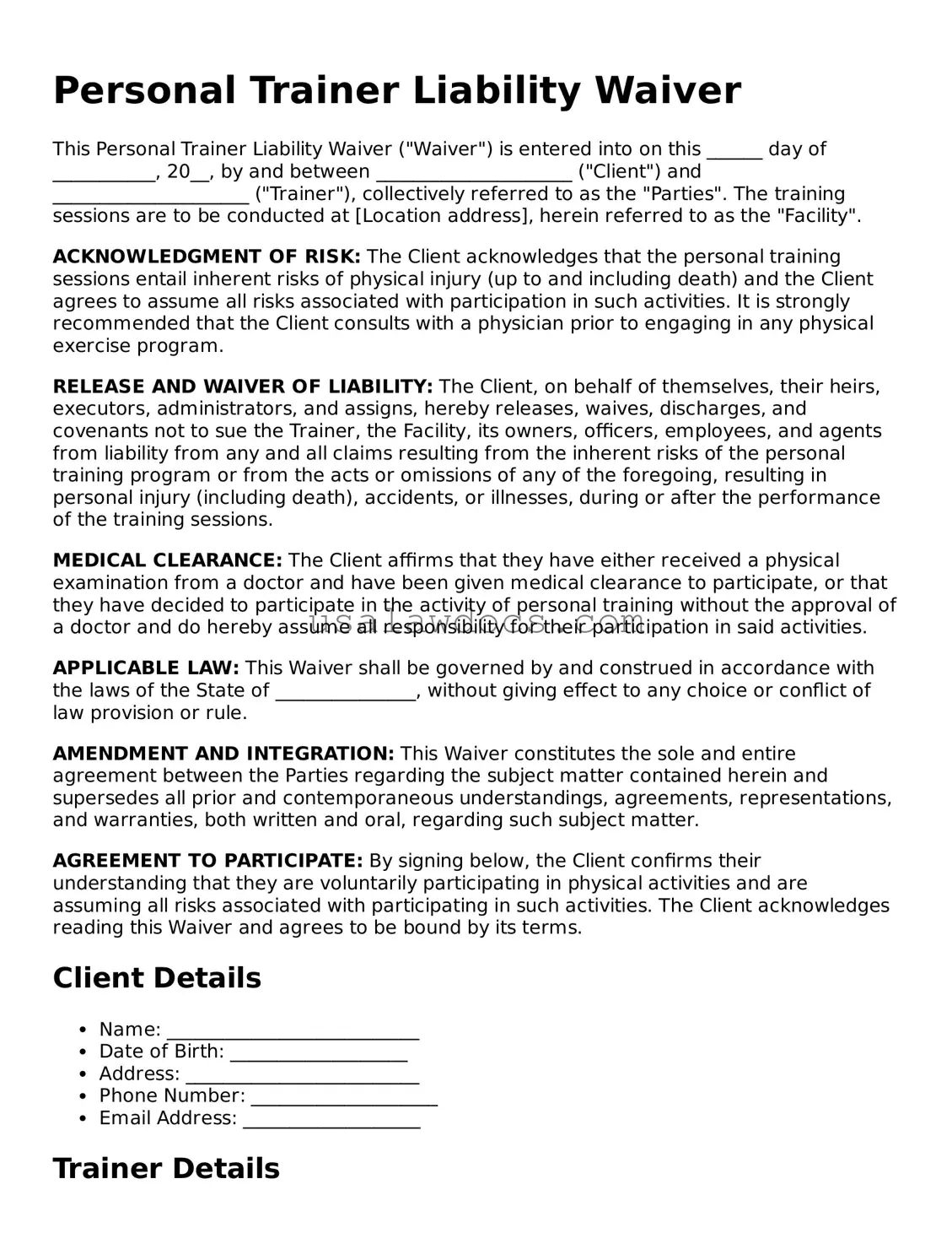 Free Personal Trainer Liability Waiver Form