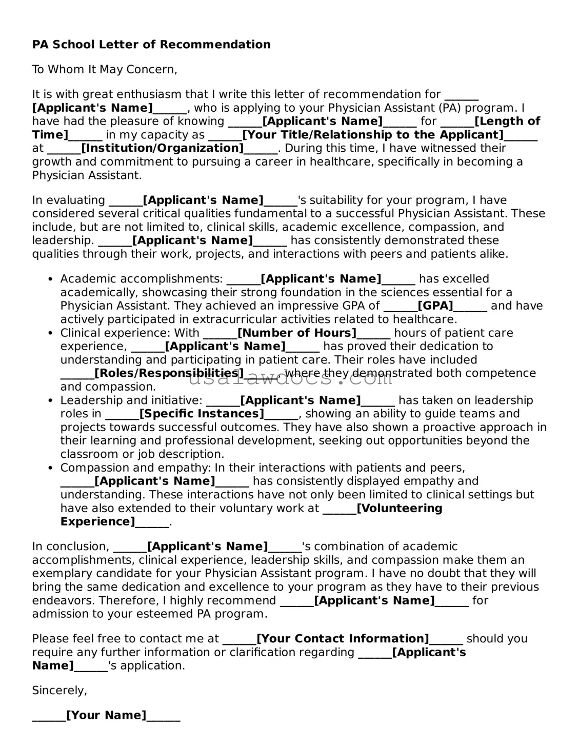 Free PA School Letter of Recommendation Form
