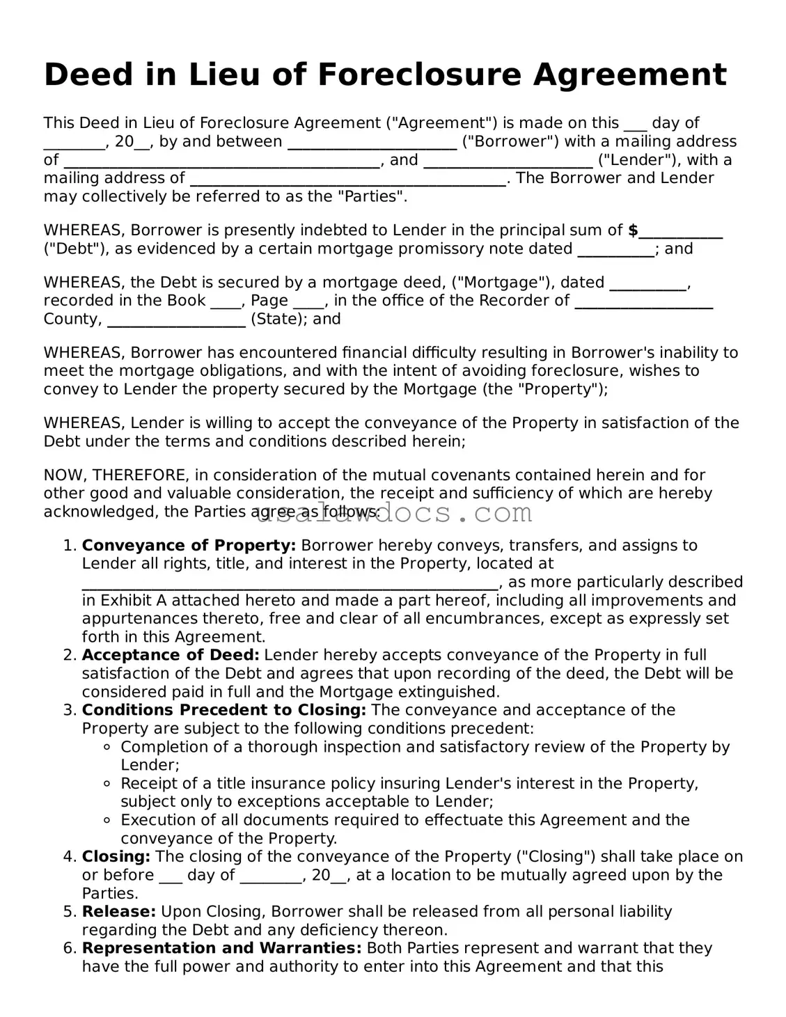 Free Deed in Lieu of Foreclosure Form