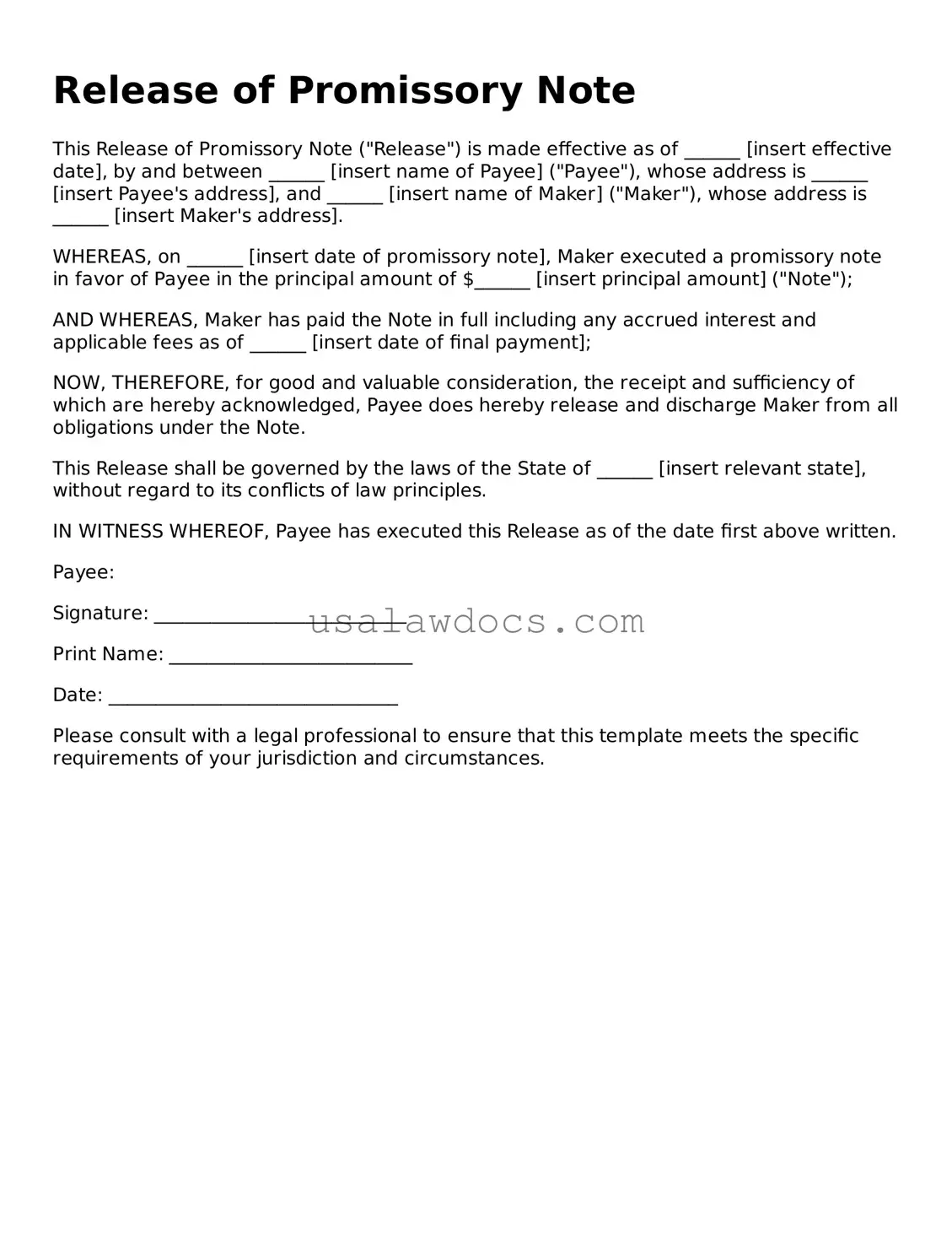Free Release of Promissory Note Form