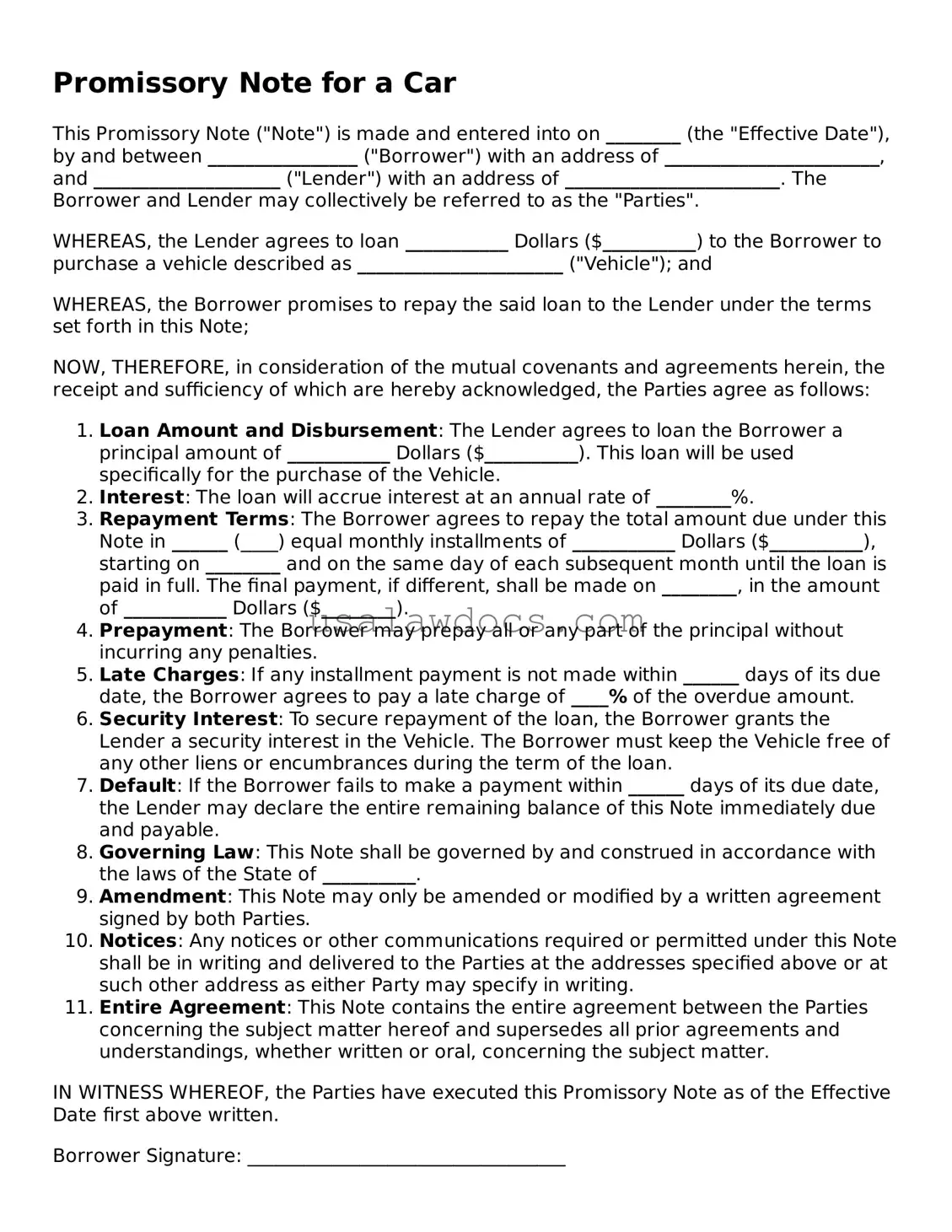 Free Promissory Note for a Car Form