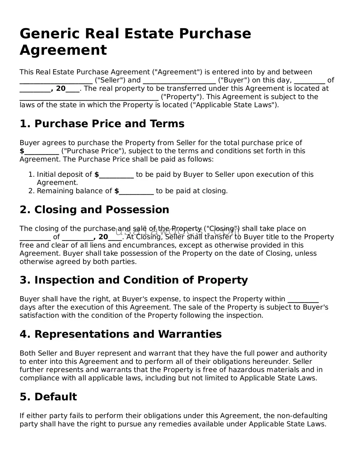 Free Real Estate Purchase Agreement Form