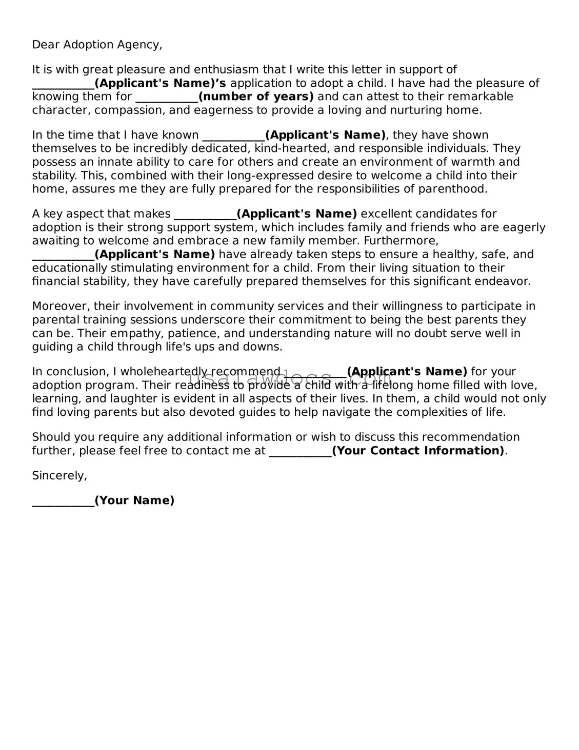 Free Adoption Letter of Recommendation Form