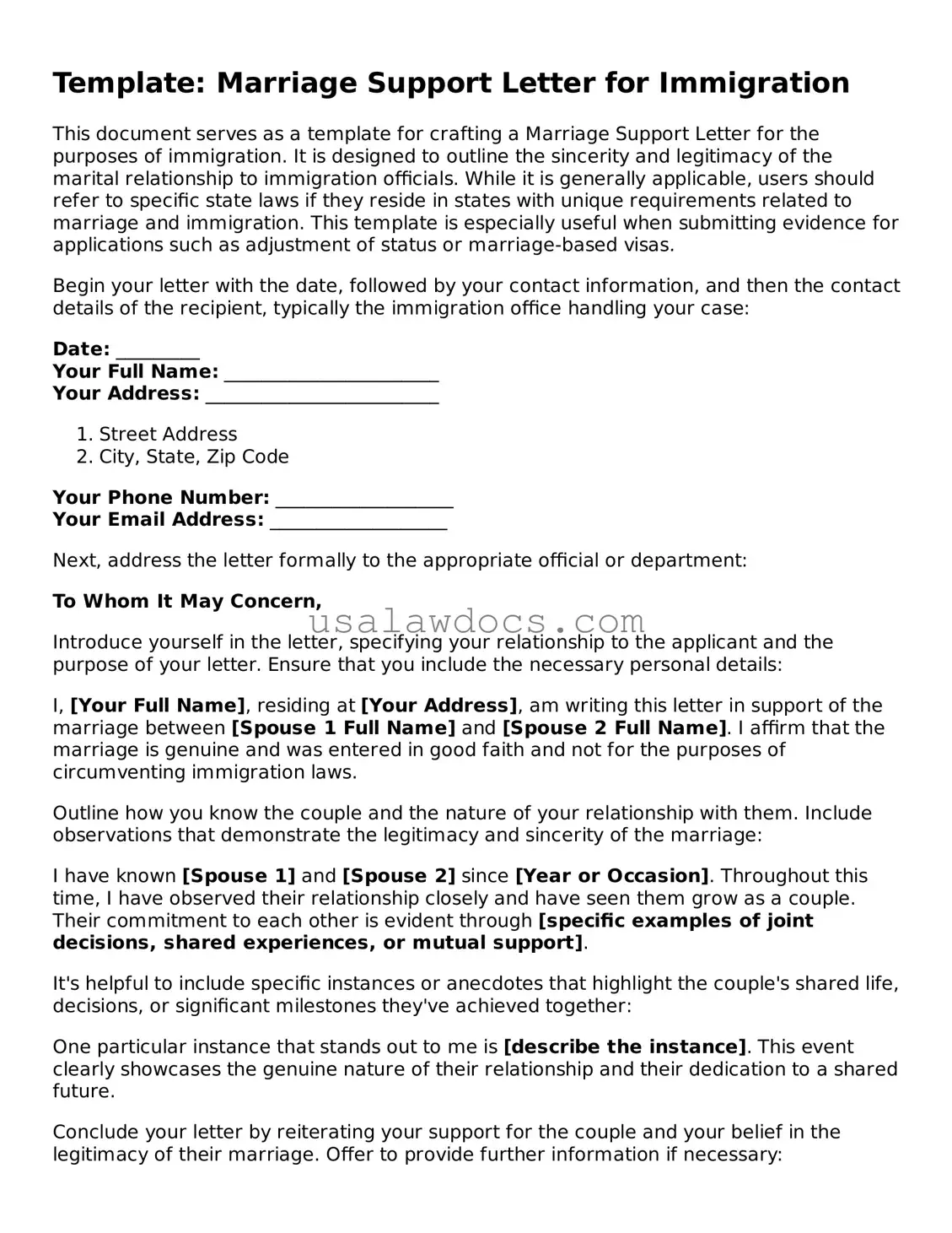 Free Marriage Support Letter for Immigration Form