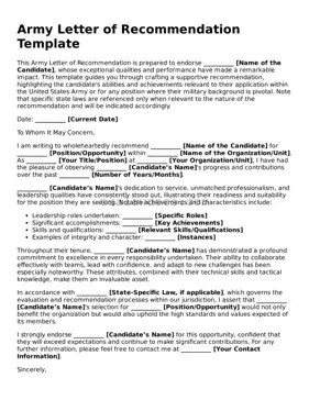 Free Army Letter of Recommendation Form