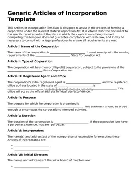 Free Articles of Incorporation Form