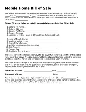 Free Mobile Home Bill of Sale Form