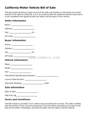 Attorney-Approved  Motor Vehicle Bill of Sale Form for California